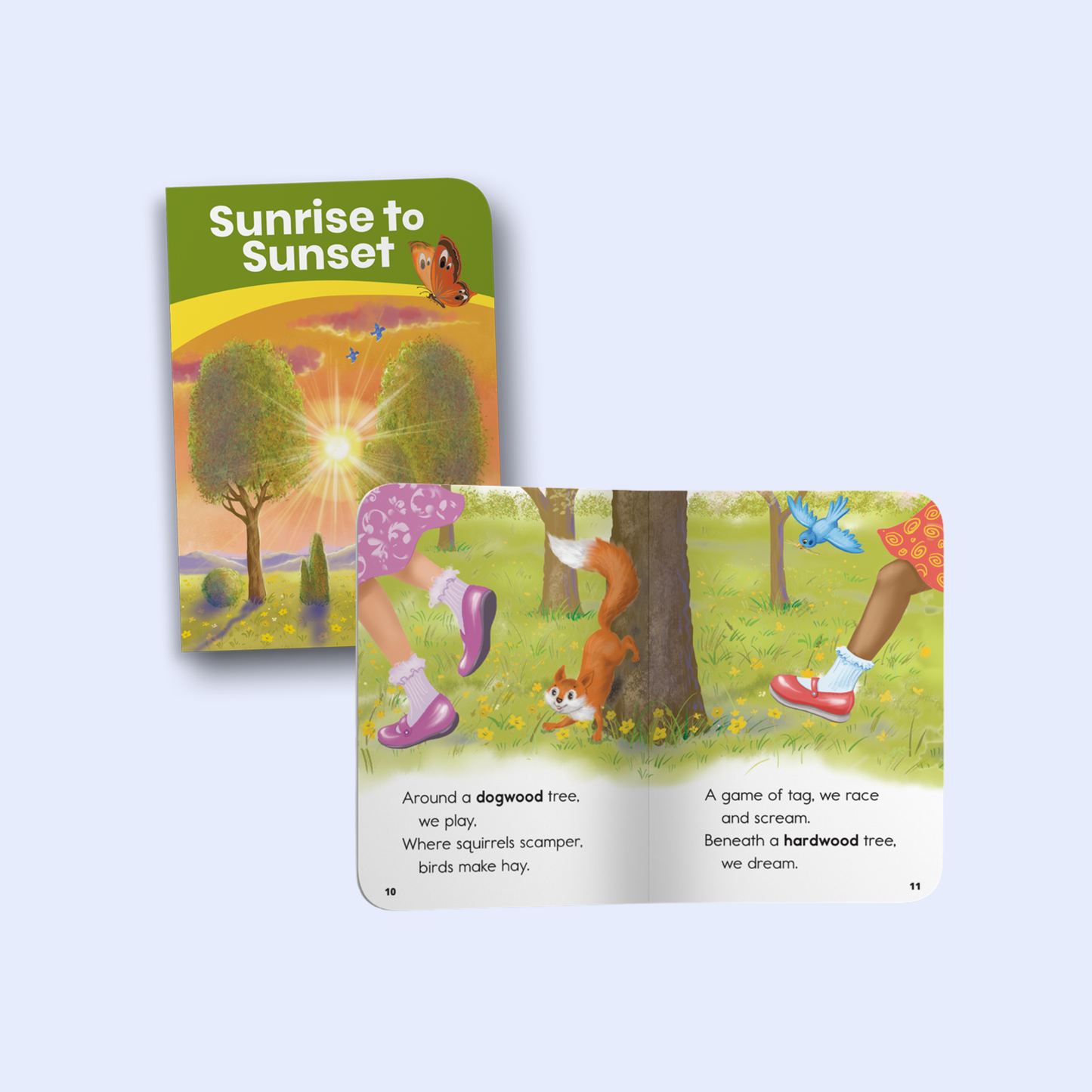 Cover of Sunrise to Sunset, a Heggerty Library Second Grade decodable book showing a sunrise over a tree-lined landscape.