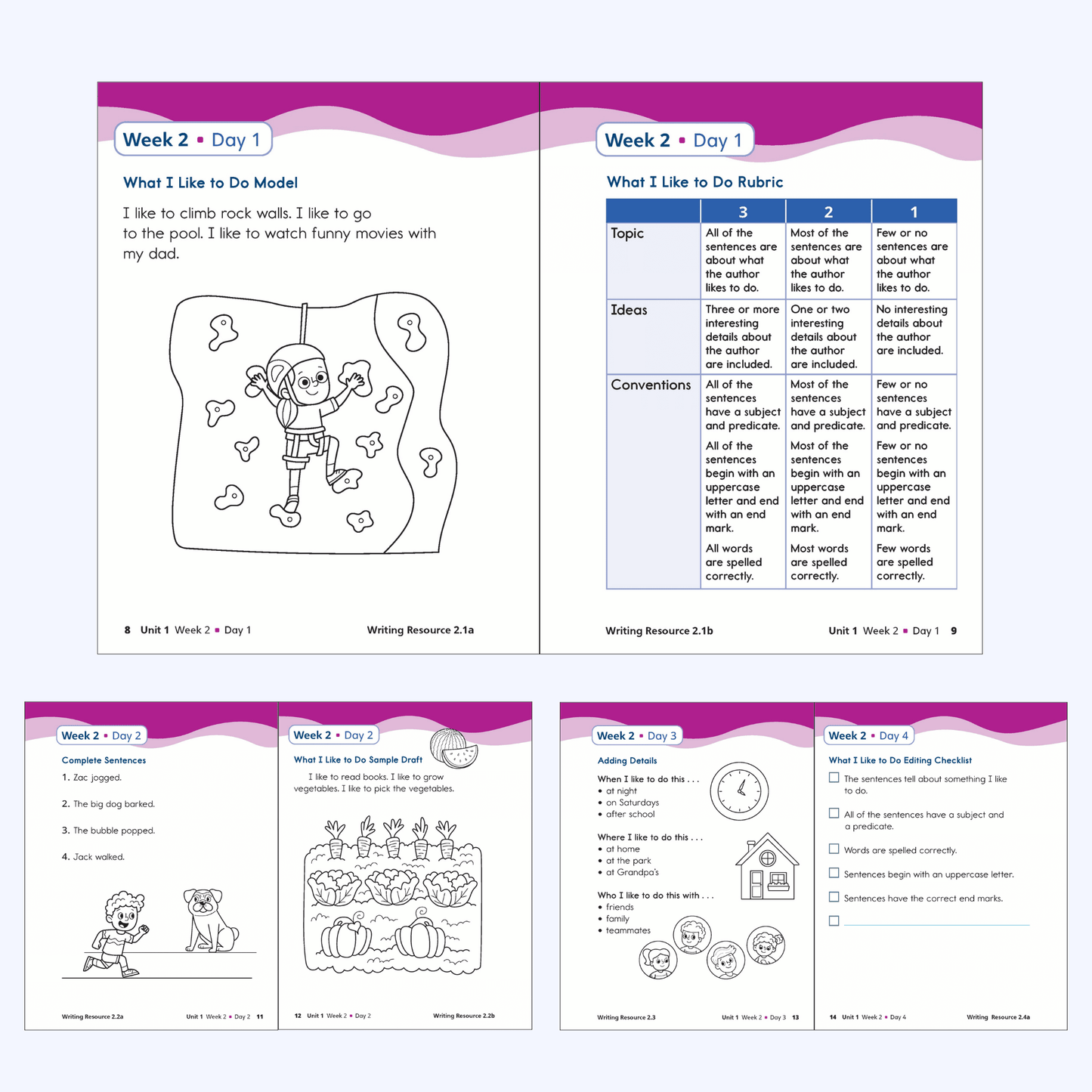 WRITE Book student pages for Week 2 with writing model, rubric, sample draft, and editing checklist