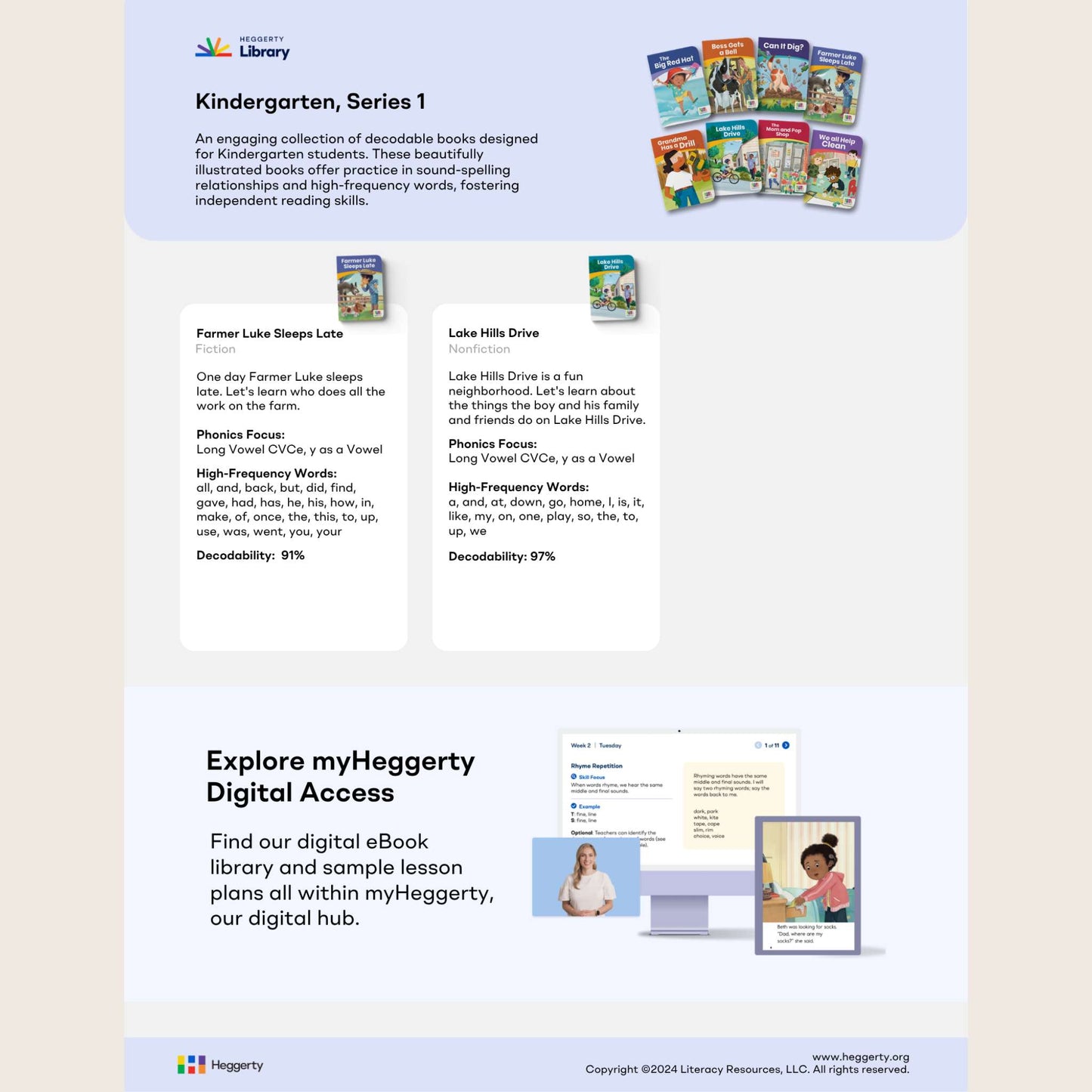 Heggerty Library Kindergarten series 1 books with text and images on a light blue background