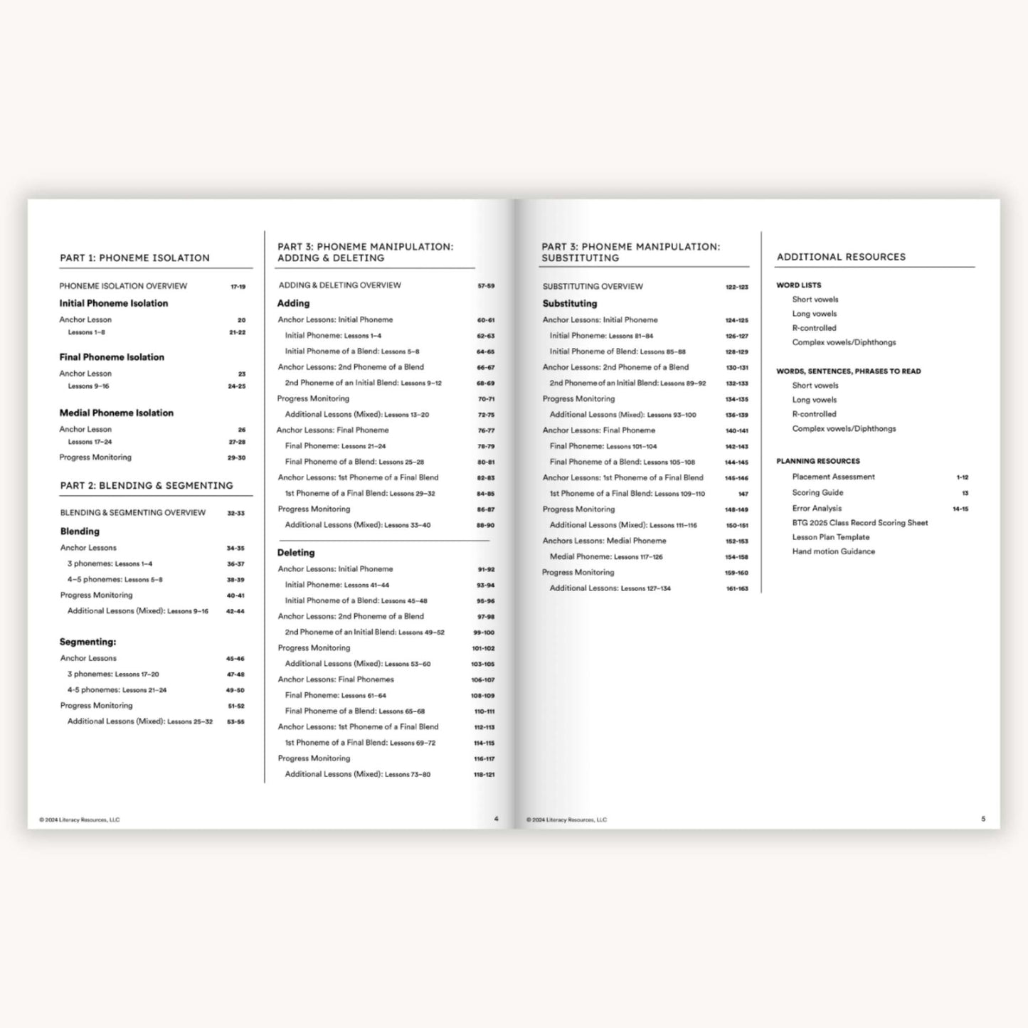 Open book showing a scope and sequence table of contents with black text on a white background