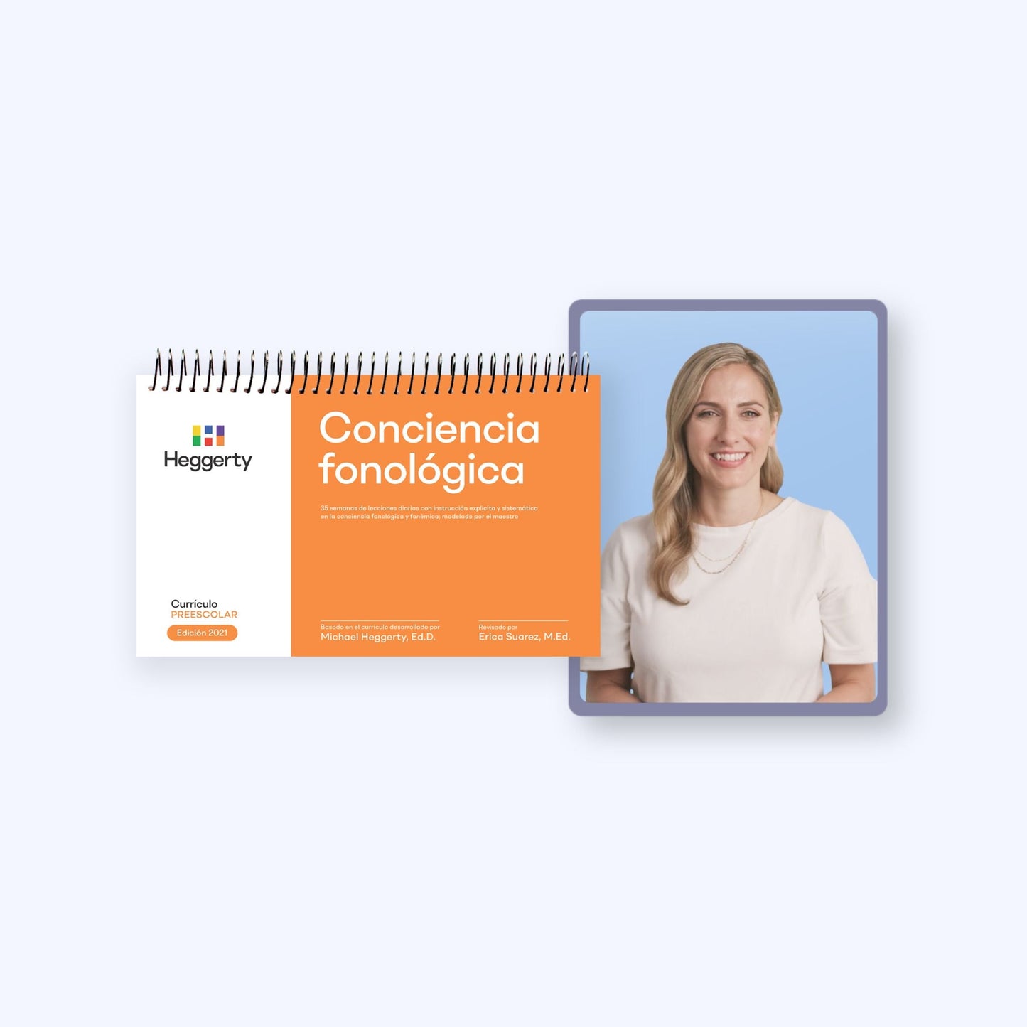 Heggerty Spanish Pre-K Phonemic Awareness Starter bundle (Conciencia fonológica) featuring the orange curriculum manual and myHeggerty digital access for bilingual preschool teachers.