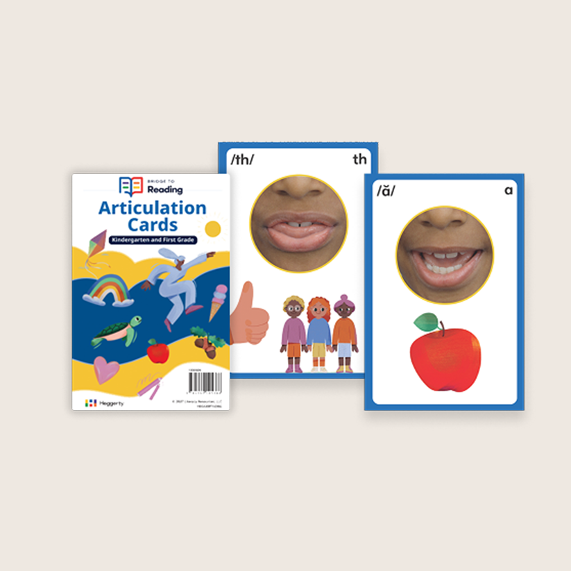Heggerty Bridge to Reading articulation materials, including a boxed set and two sample cards showing mouth positions for the th and short a sounds with supporting illustrations.