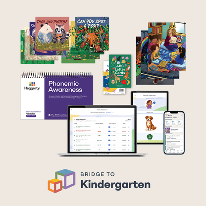 Heggerty’s Bridge to Kindergarten materials displayed together, including early‑reader books, ABC cards, a phonemic awareness curriculum, and digital devices showing literacy activities.