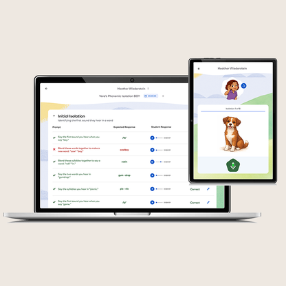 Laptop and tablet displaying Heggerty Bridge to Kindergarten assessment tools, with the laptop showing Vera’s phonemic isolation activity and the tablet showing an interactive prompt with a child and a dog.