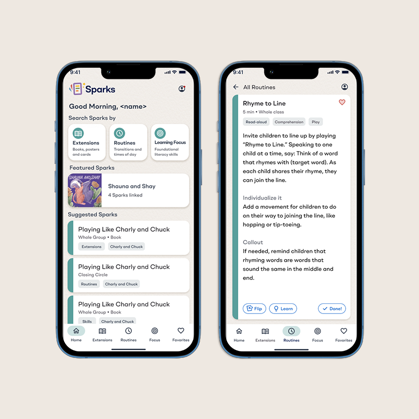 Two smartphone screens showing the Heggerty Bridge to Kindergarten “Sparks” app. The left screen displays the home page with featured and suggested learning activities, and the right screen shows a routine called “Rhyme to Line” with instructions, tags, and action buttons.