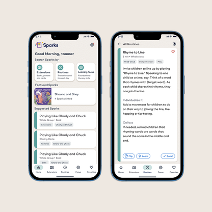 Two smartphone screens showing the Heggerty Bridge to Kindergarten “Sparks” app. The left screen displays the home page with featured and suggested learning activities, and the right screen shows a routine called “Rhyme to Line” with instructions, tags, and action buttons.