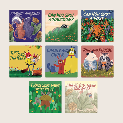 Eight Bridge to Kindergarten decodable book covers featuring illustrated woodland animals, including raccoons, foxes, mice, and beavers, with simple stories and animal-themed question titles designed for early readers.
