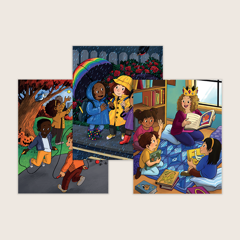Three Bridge to Kindergarten classroom posters featuring children playing outside in autumn, sharing a rainbow umbrella in the rain, and listening to a teacher read a story together.