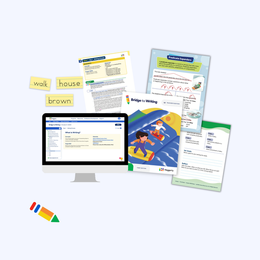 Bridge to Writing instructional materials, including worksheets, a teacher guide, and a laptop displaying the Bridge to Writing webpage, arranged alongside yellow word cards and the Bridge to Writing book cover.