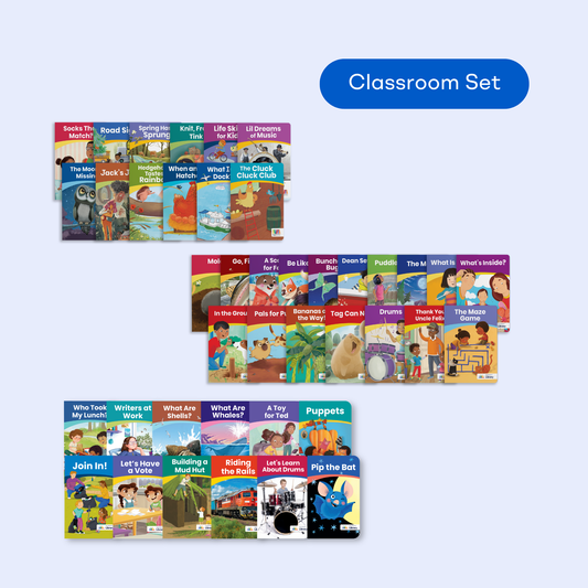 Classroom set of Heggerty Library 1st Grade books in rows, covering animals, nature, music, crafts, and everyday skills.