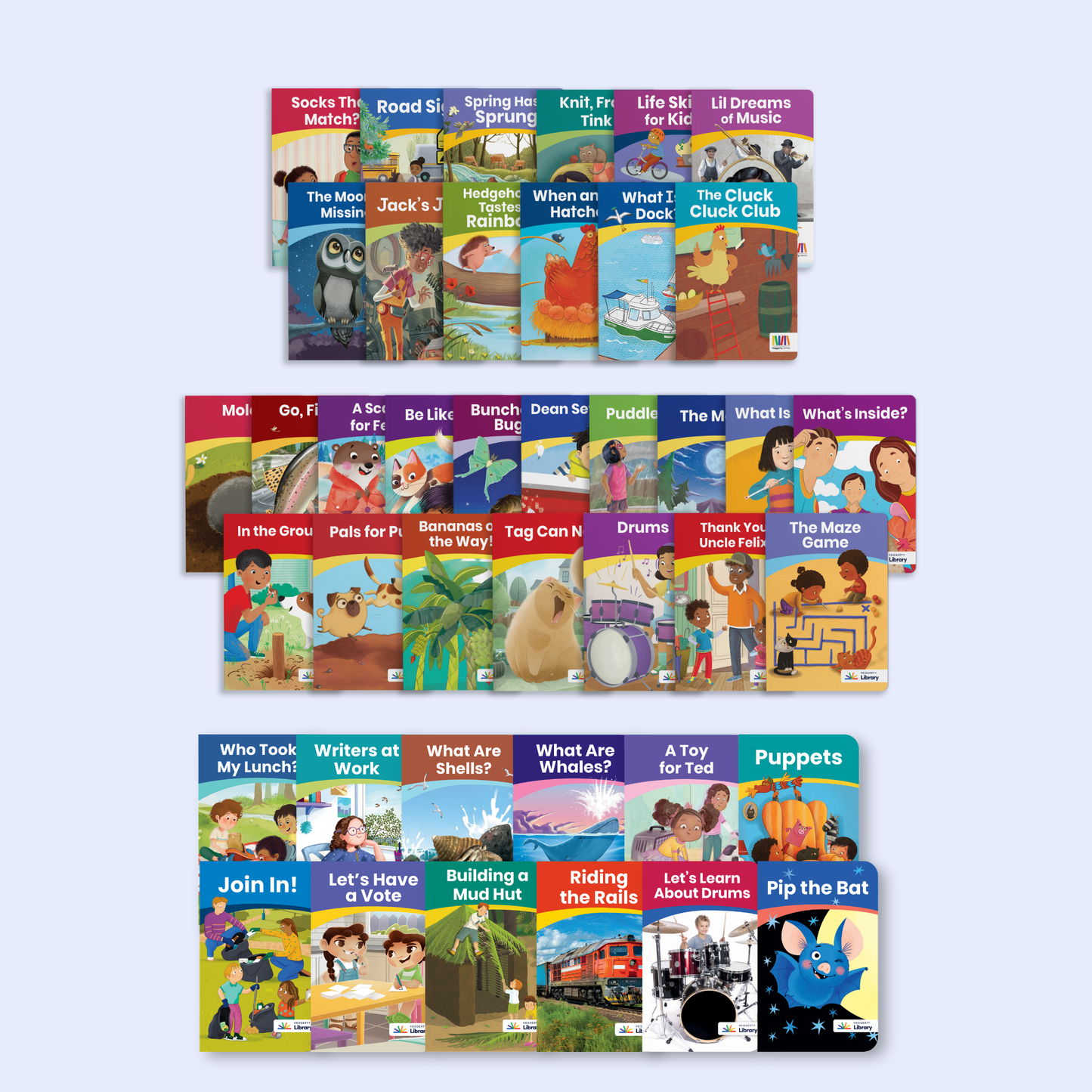 Collage of colorful decodable book covers from the Heggerty Library First Grade Bundle, covering animals, music, and nature.