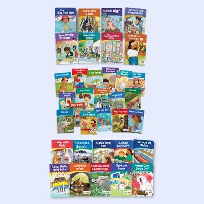 Collection of colorful decodable book covers from the Heggerty Library Kindergarten Decodable Books Bundle arranged in three rows on a light blue background. 