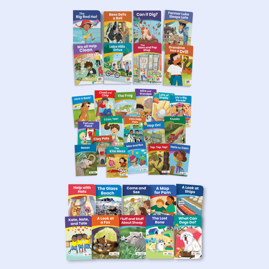 Collection of colorful decodable book covers from the Heggerty Library Kindergarten Decodable Books Bundle arranged in three rows on a light blue background. 
