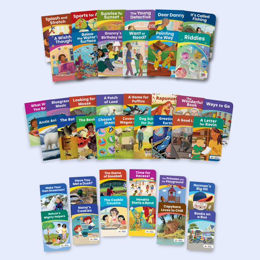 Collage of colorful decodable book covers from the Heggerty Library Second Grade Bundle, covering nature, animals, and music.