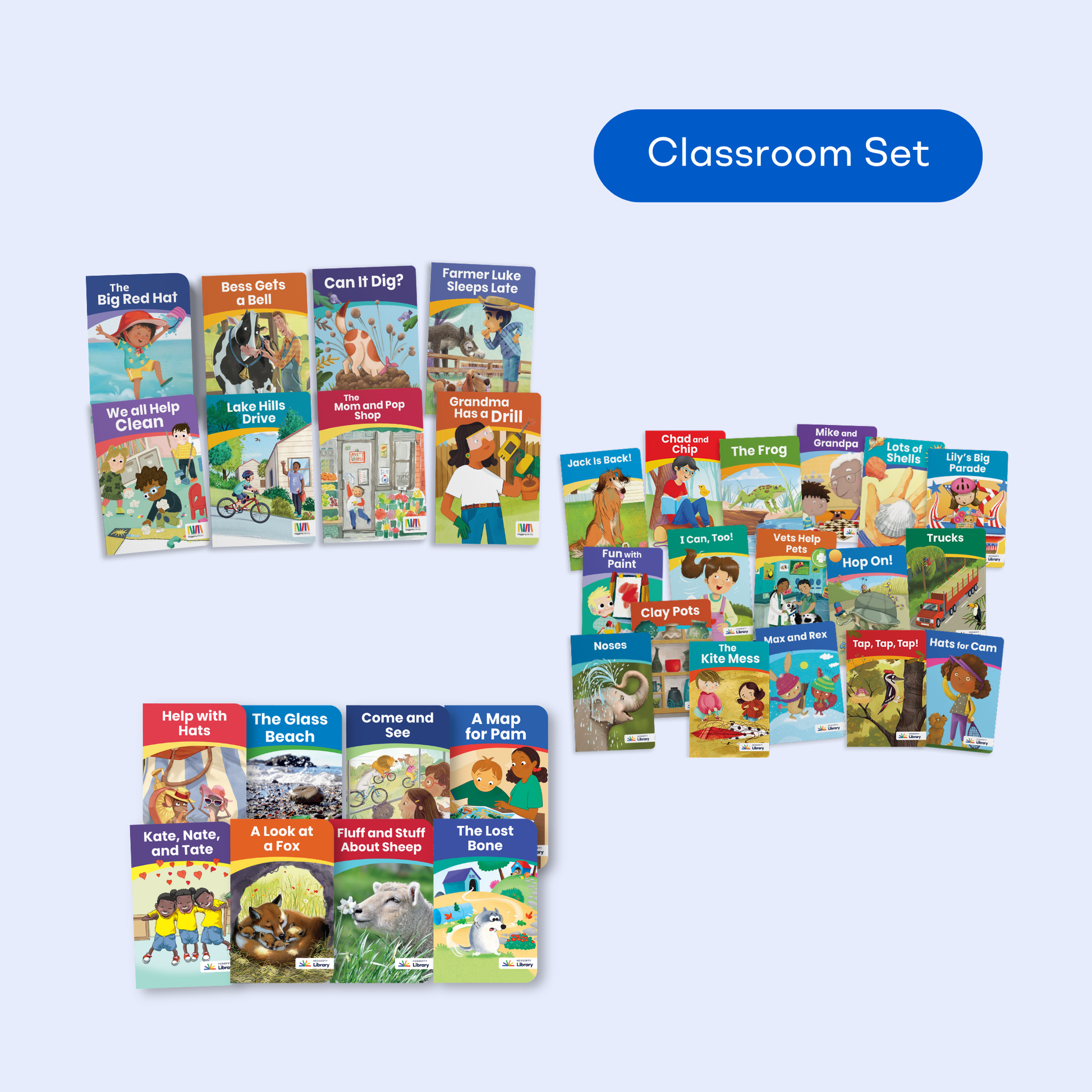 Classroom set of Heggerty Library Kindergarten books arranged on a light blue background, showing multiple colorful early‑reader titles designed for beginning literacy.