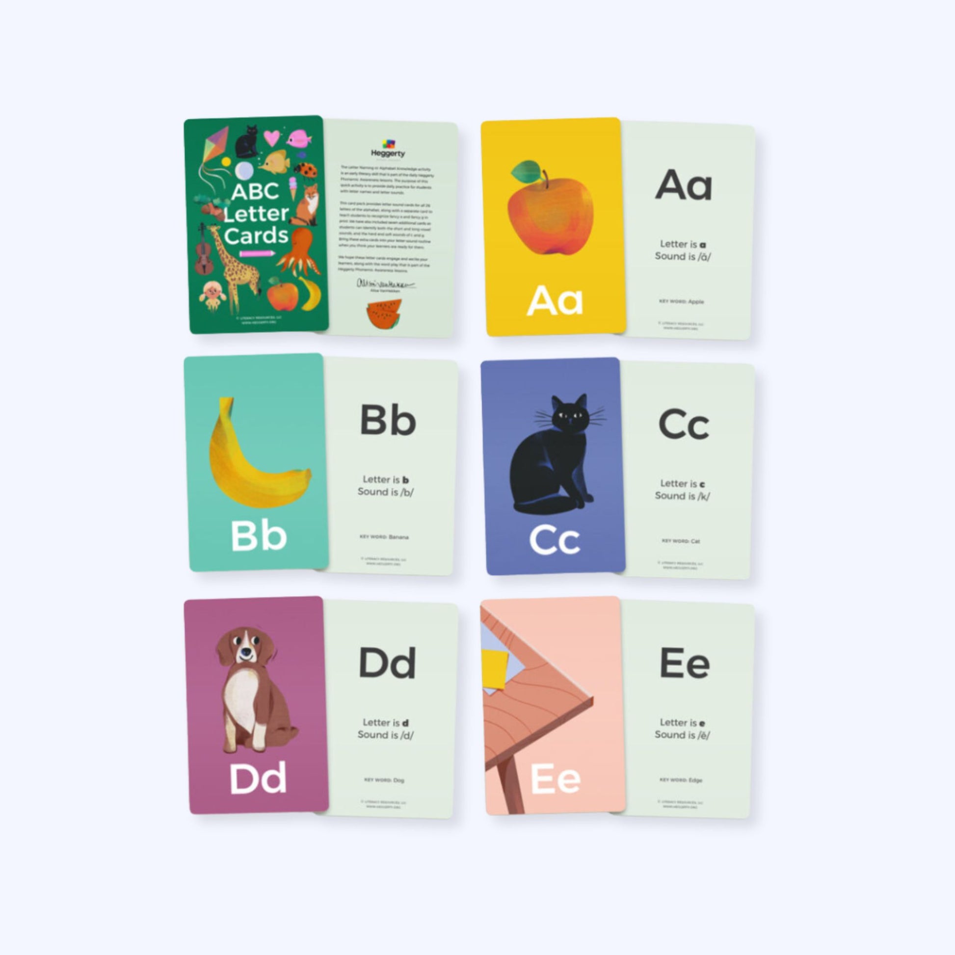 Individual Heggerty ABC letter cards showing uppercase and lowercase letters with corresponding illustrated sound cues for Pre-K and Kindergarten classrooms.
