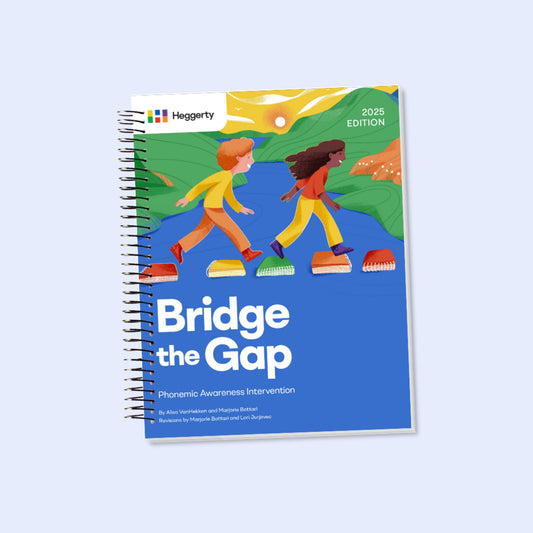 Bridge the Gap Edition phonemic awareness intervention curriculum for grades 2 and above, featuring a cover with children crossing a bridge made of books.
