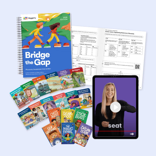 Complete Bridge the Gap intervention bundle for grades 2 and above, including a spiral-bound workbook, decodable books, and ASL phonemic awareness resources.
