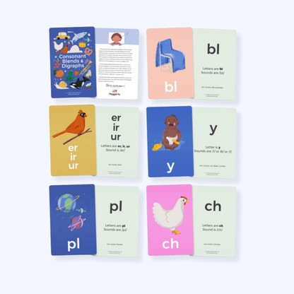 Consonant blends and digraphs flashcards showing letter combinations, sounds, and key word pictures