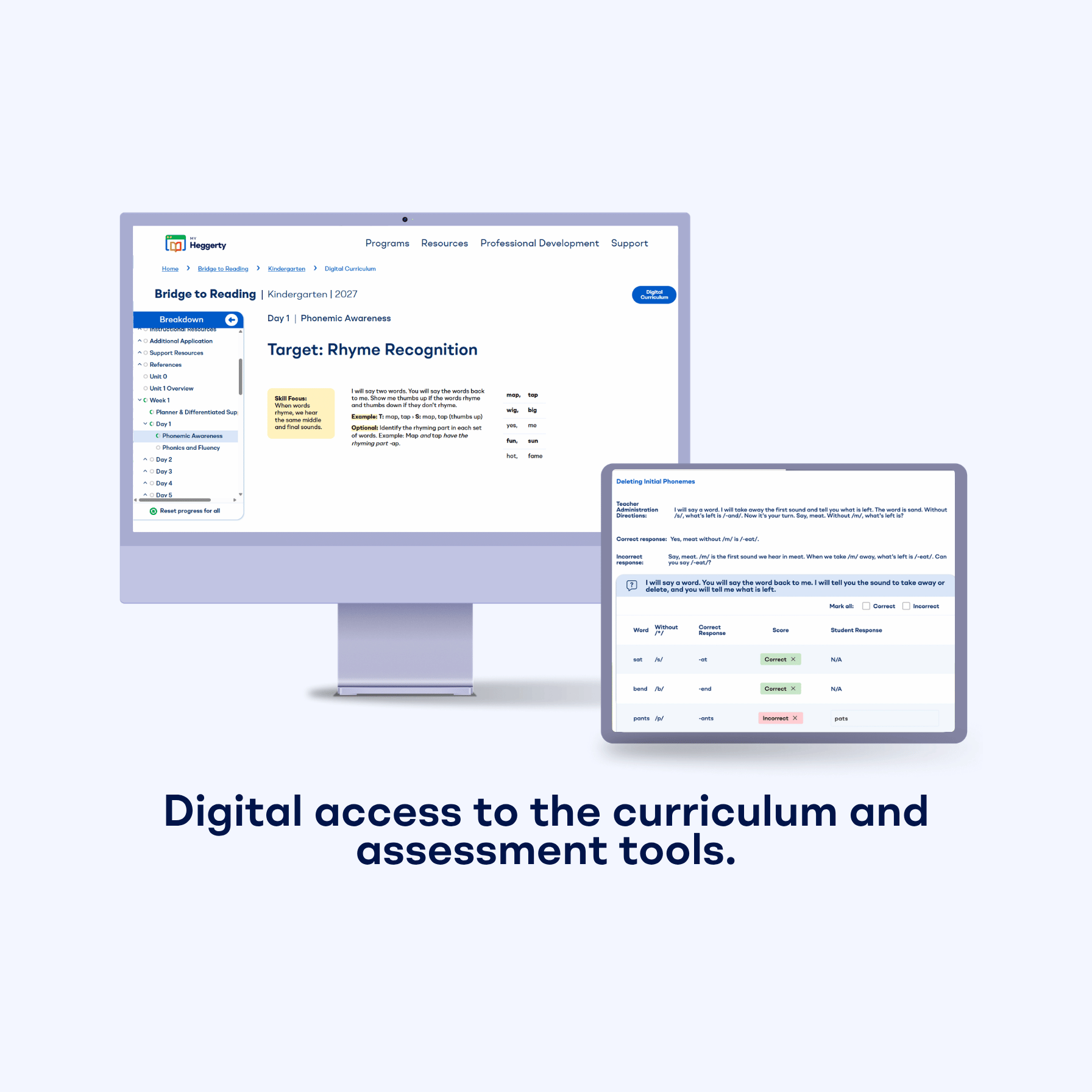 Bridge to Reading digital curriculum dashboard showing lesson plans and phonemic awareness assessment scoring