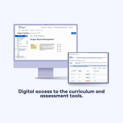Bridge to Reading digital curriculum dashboard showing lesson plans and phonemic awareness assessment scoring