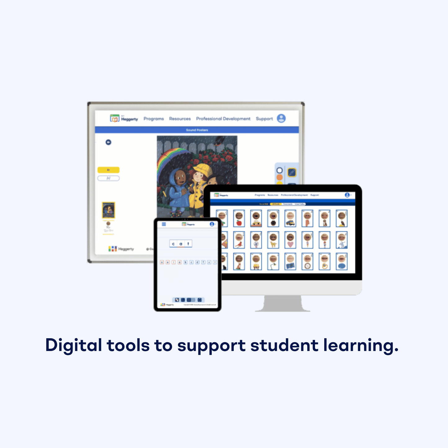 Digital Heggerty tools on smartboard, tablet, and desktop displaying sound wall and sound posters