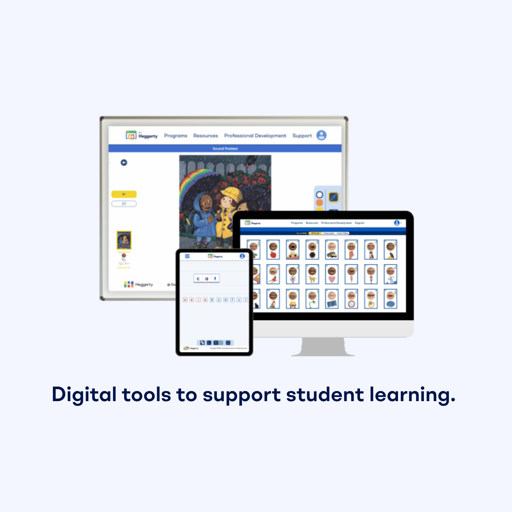 Digital Heggerty tools on smartboard, tablet, and desktop displaying sound wall and sound posters