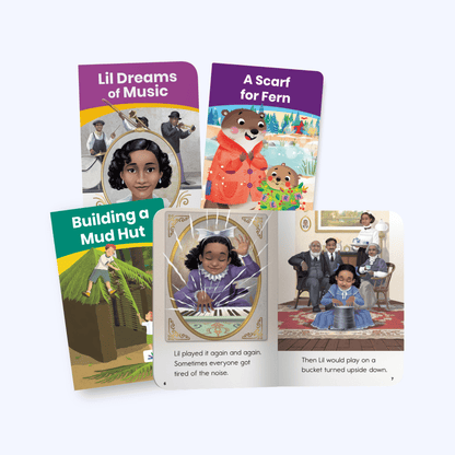 Heggerty Library decodable readers for first grade, including Lil Dreams of Music and A Scarf for Fern