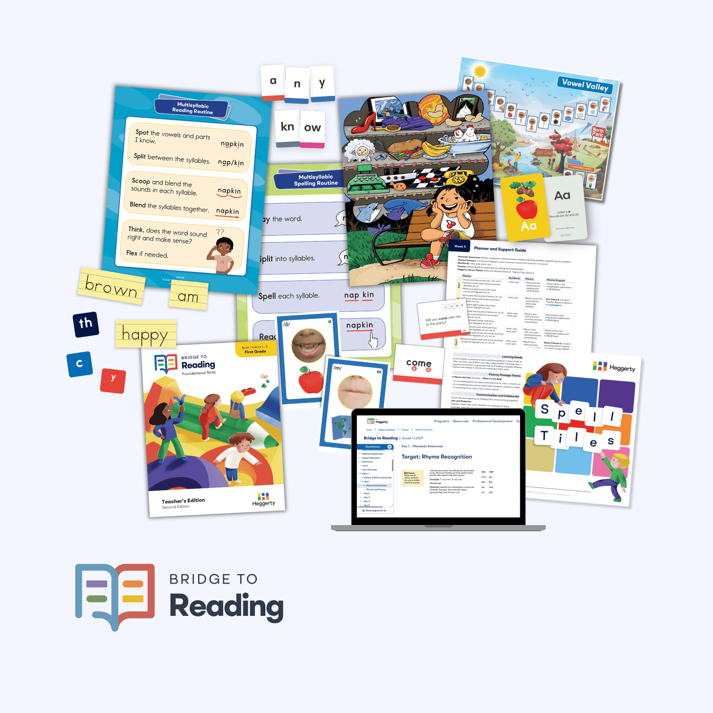 Bridge to Reading First Grade Foundational Skills Kit with Teacher's Edition, letter cards, decodable readers, and Spell Tiles