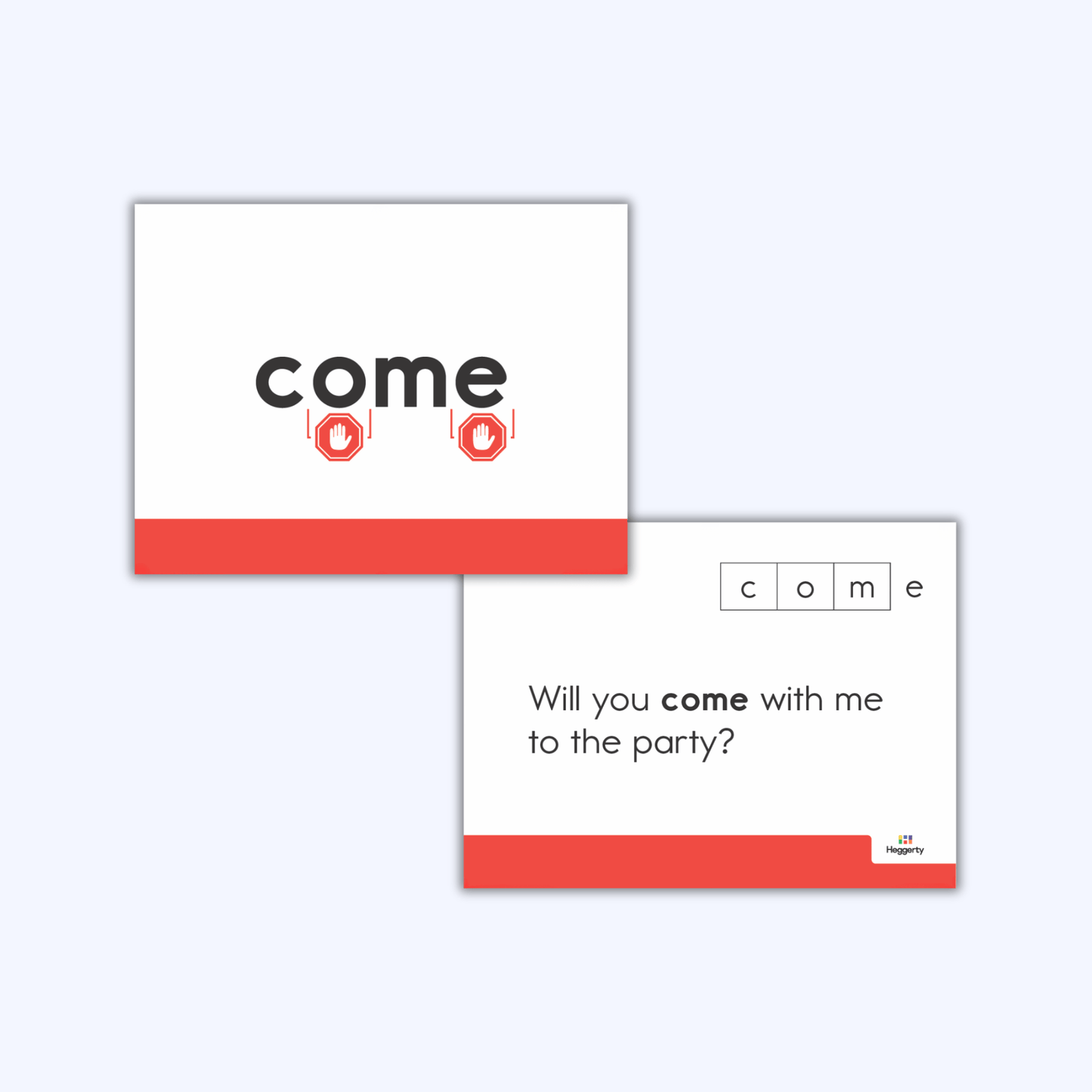 Heart word card for "come" showing tricky letter parts and example sentence for first grade reading