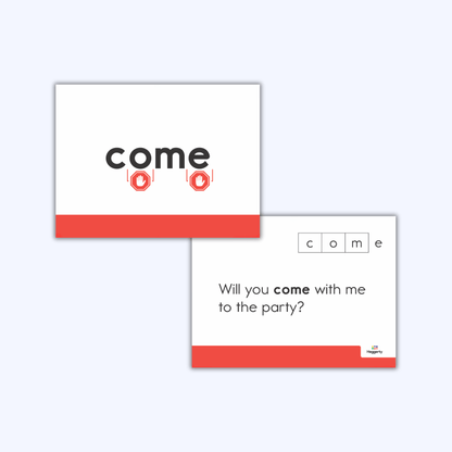 Heart word card for "come" showing tricky letter-sound parts and example sentence