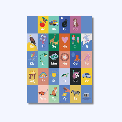 Alphabet poster with picture cues for each letter, A to Z, for kindergarten phonics instruction
