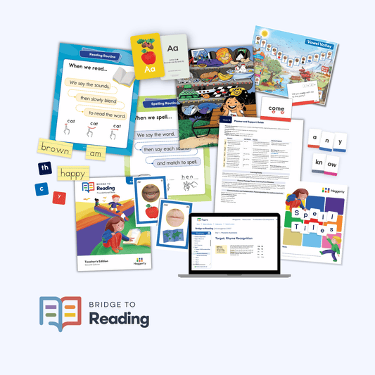 Bridge to Reading Kindergarten Foundational Skills Kit with Teacher's Edition, letter cards, decodable readers, Vowel Valley poster, and Spell Tiles