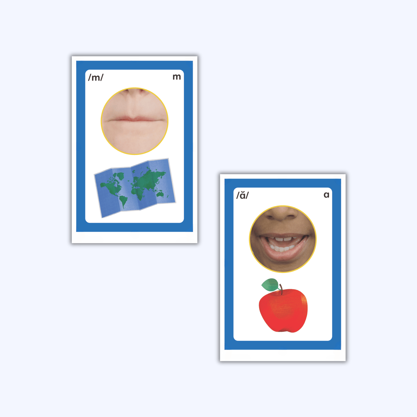 Phoneme cards showing mouth position photos for the /m/ and /ă/ sounds with key picture support