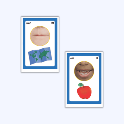 Phoneme cards showing mouth position photos for the /m/ and /ă/ sounds with key picture support