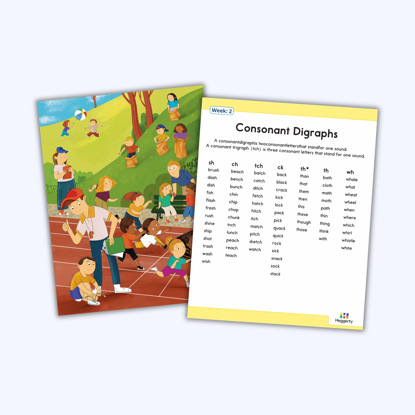 Consonant digraph and trigraph reference sheet for sh, ch, tch, ck, th, wh with example word lists