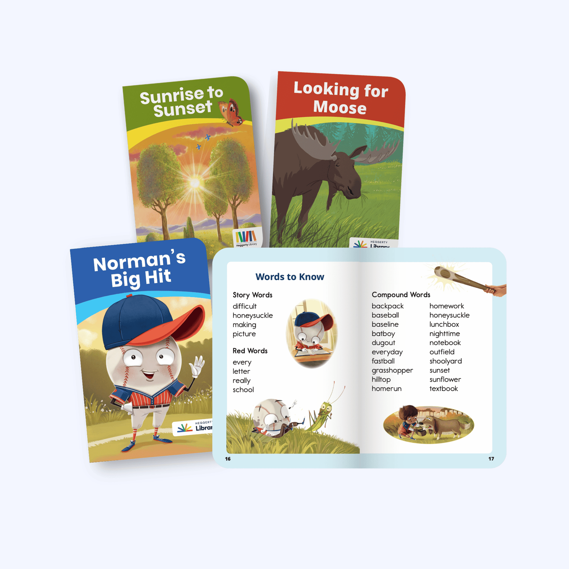 Heggerty Library decodable readers for second grade, including Norman's Big Hit and Looking for Moose