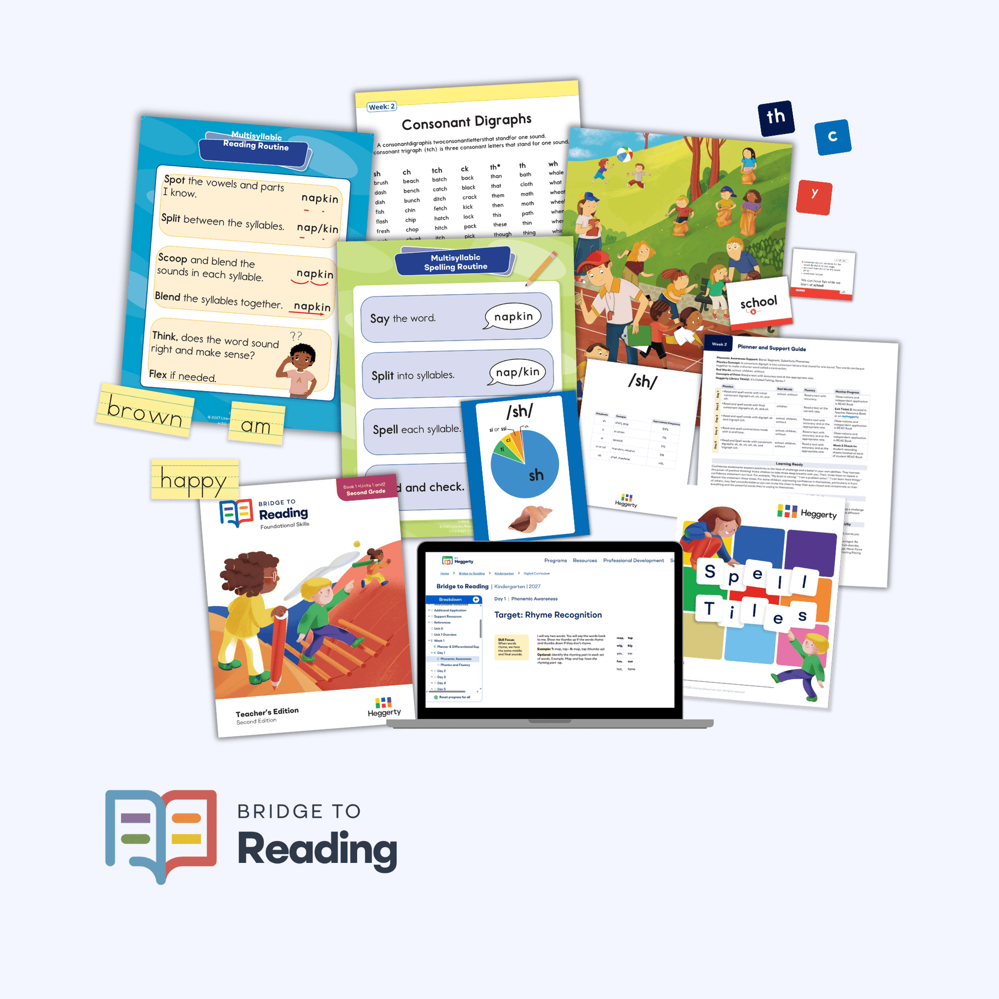 Bridge to Reading Second Grade Foundational Skills Kit with Teacher's Edition, digraph cards, decodable readers, and Spell Tiles