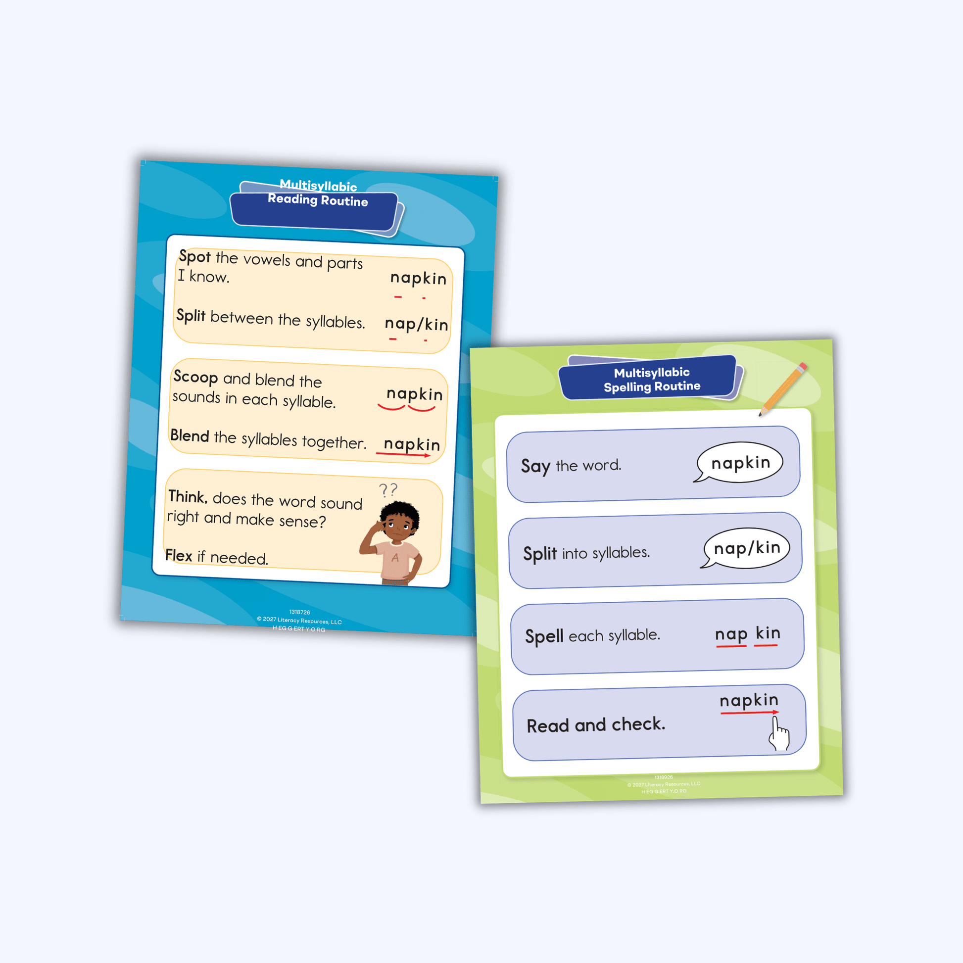 Multisyllabic reading and spelling routine cards showing steps to split, blend, and spell words like napkin