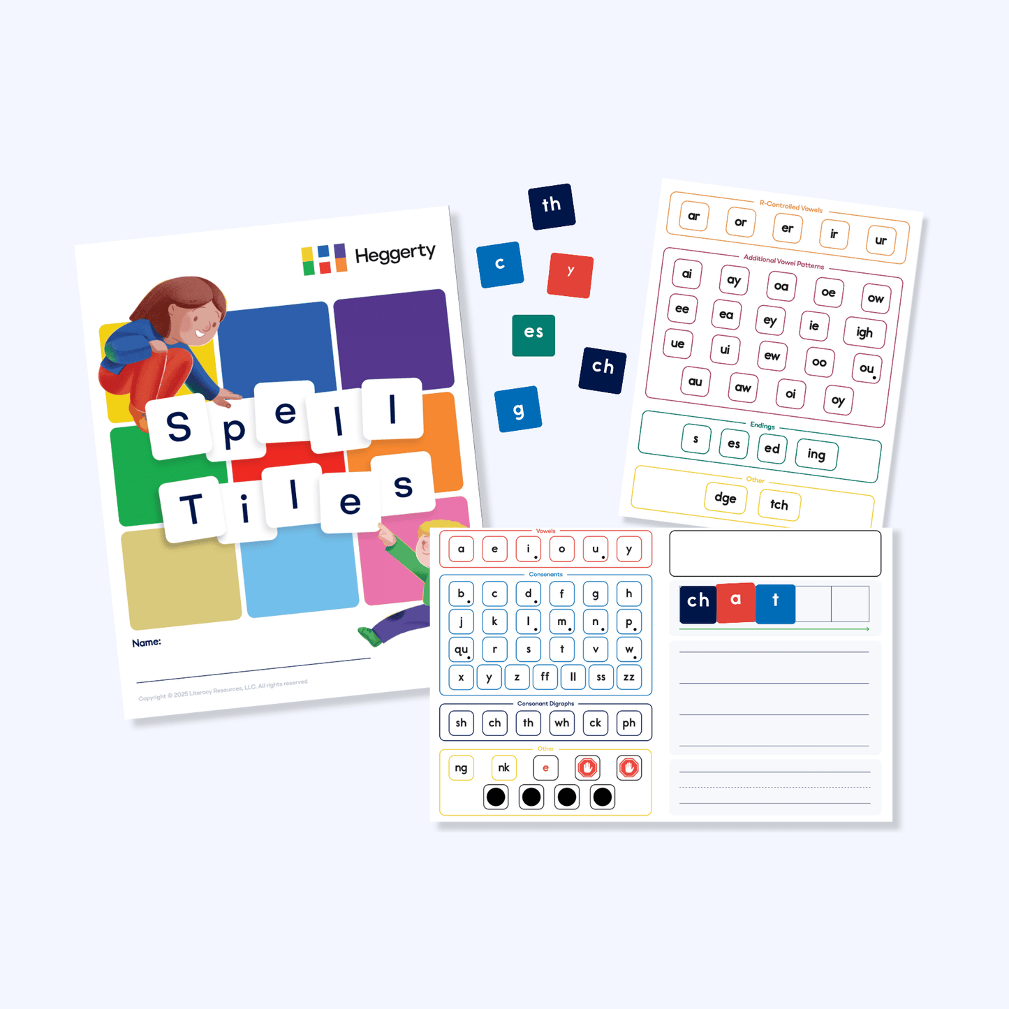 Spell Tiles kit with letter tiles, vowel and consonant reference sheet, and student spelling mat