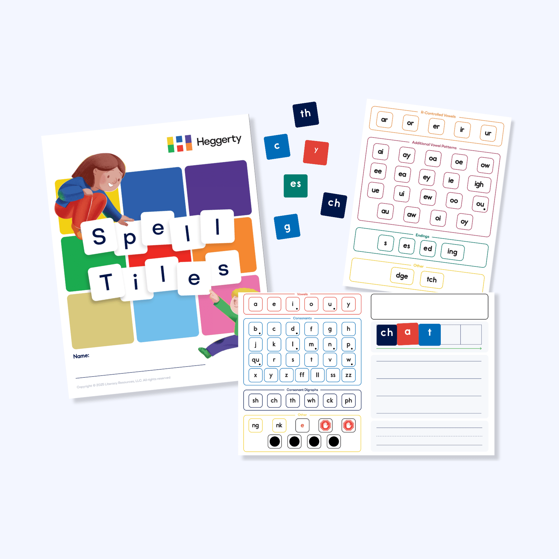 Spell Tiles kit with letter tiles, vowel and consonant reference sheet, and student spelling mat