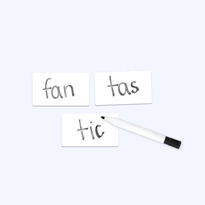 Handwritten syllable cards for fan, tas, and tic used for multisyllabic word practice