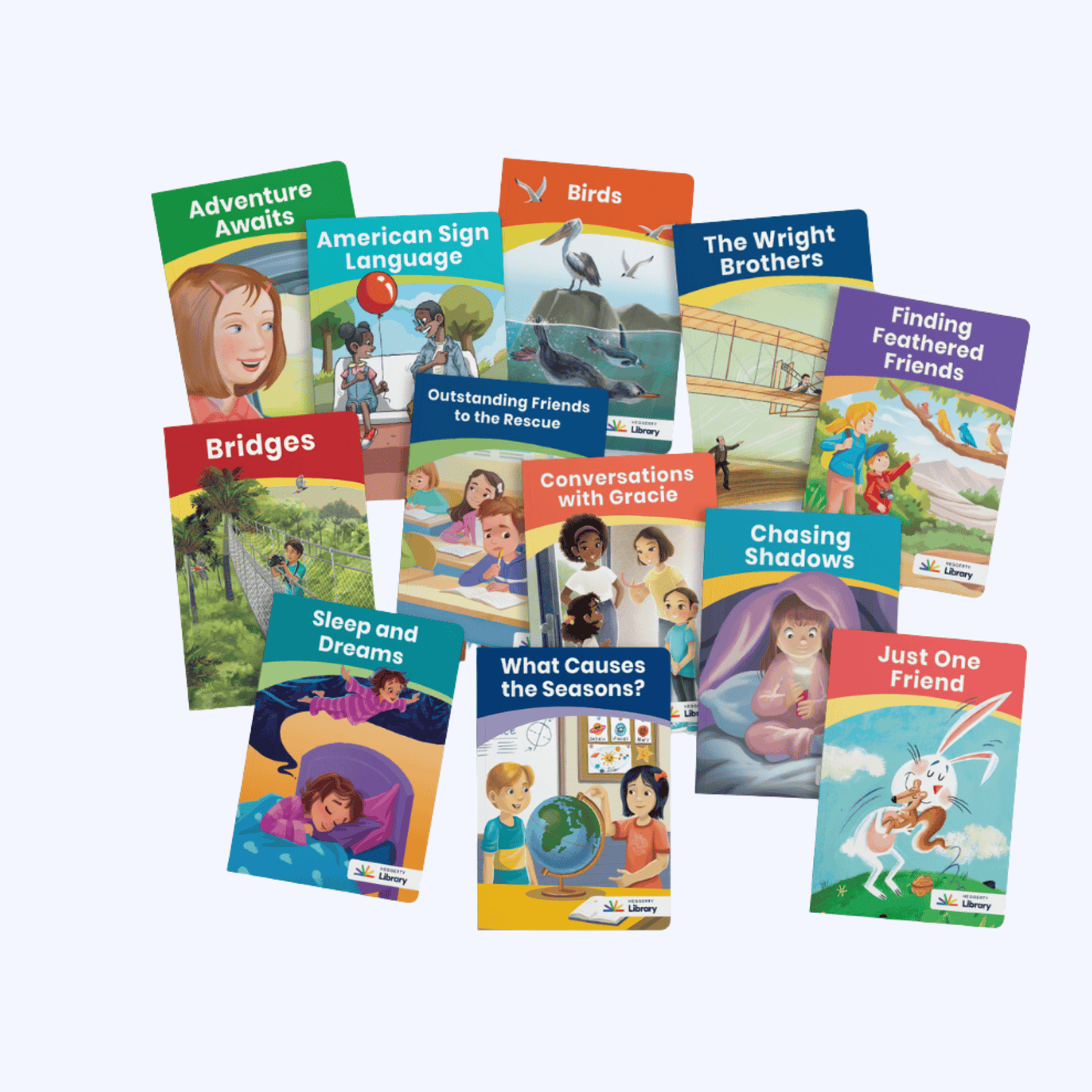 Heggerty Library decodable readers for third grade, including Bridges, Birds, and The Wright Brothers