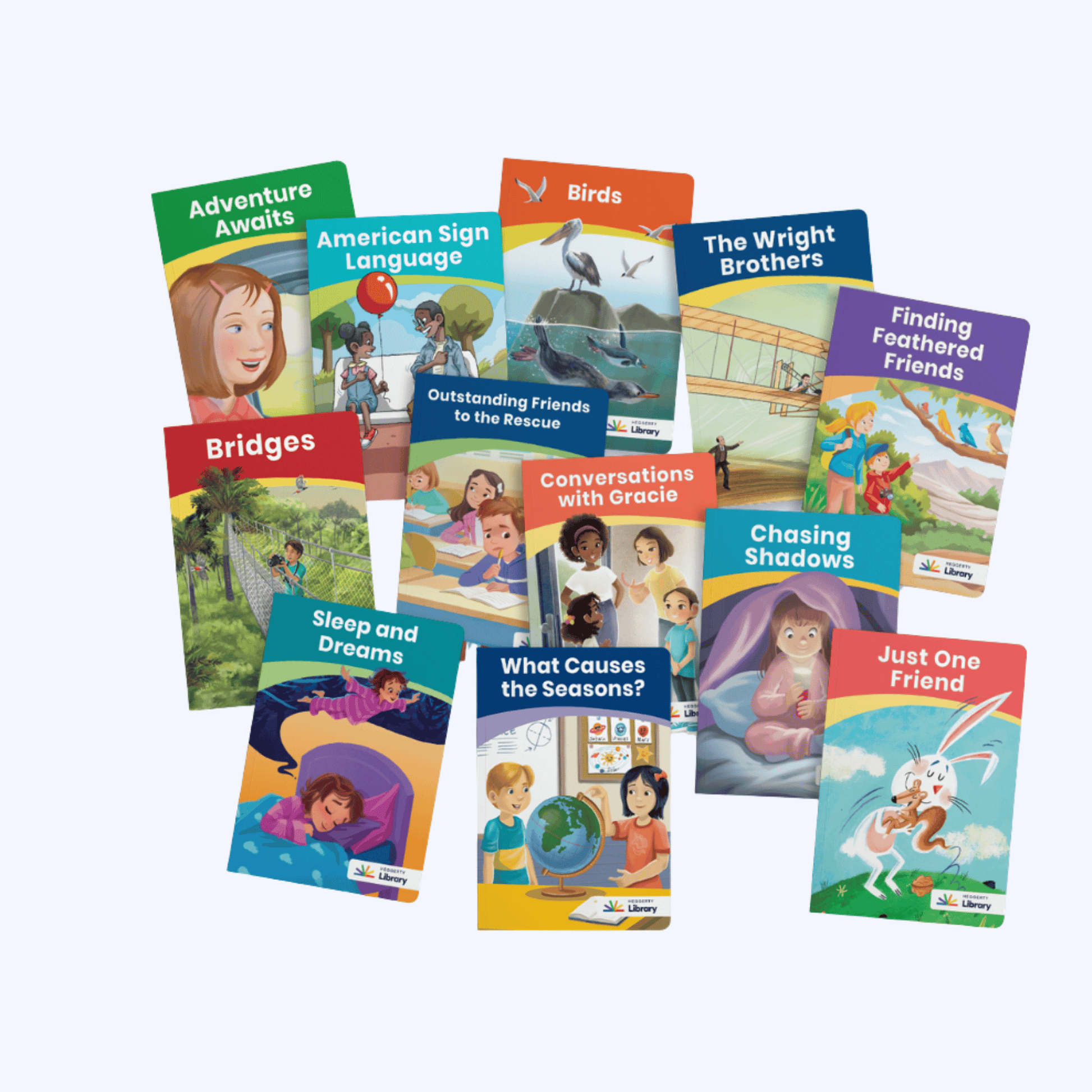 Heggerty Library decodable readers for third grade, including Bridges, Birds, and The Wright Brothers