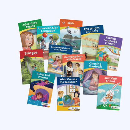 Heggerty Library decodable readers for third grade, including Bridges, Birds, and The Wright Brothers