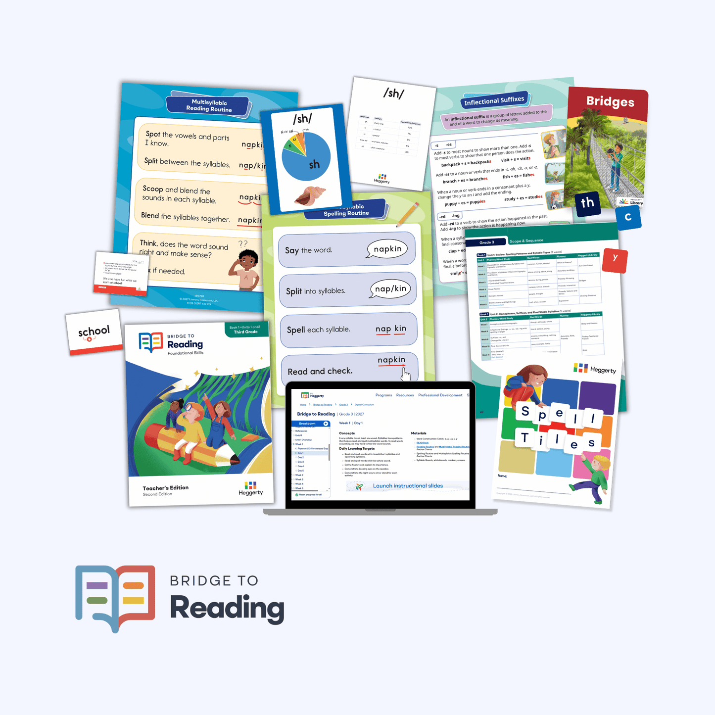 Bridge to Reading Third Grade Foundational Skills Kit with Teacher's Edition, suffix cards, decodable readers, and Spell Tiles