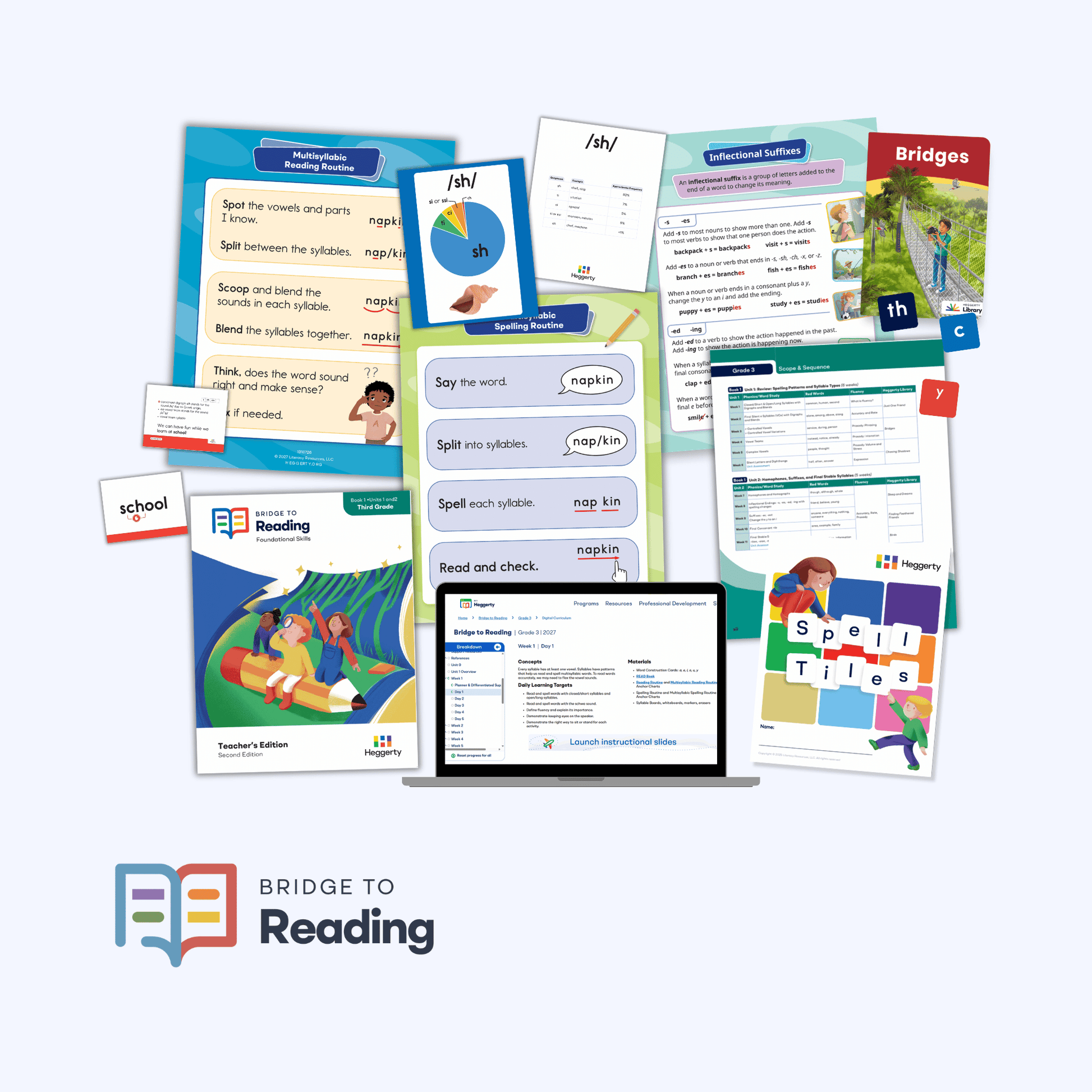 Bridge to Reading Third Grade Foundational Skills Kit with Teacher's Edition, suffix cards, decodable readers, and Spell Tiles