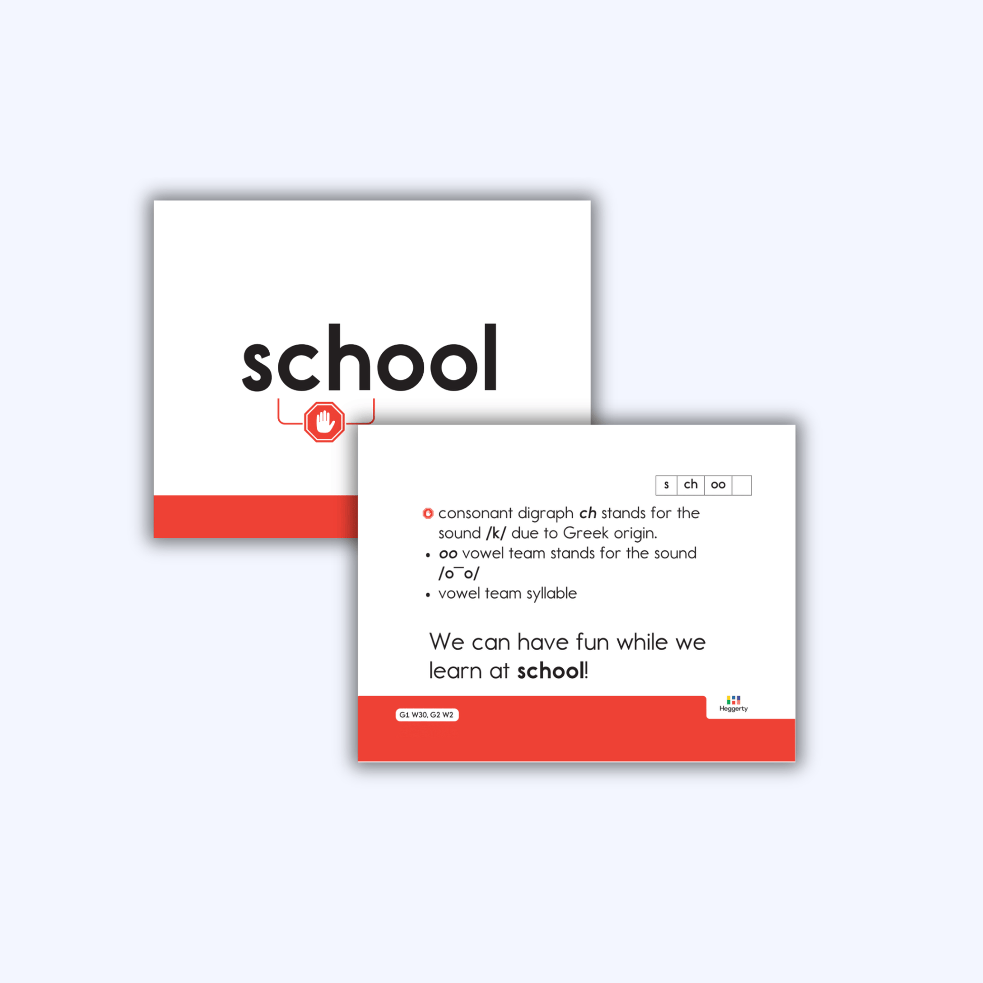 Heart word card for "school" showing tricky letter-sound parts and example sentence for third grade reading