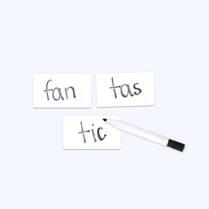 Handwritten syllable cards for fan, tas, and tic used for multisyllabic word reading practice