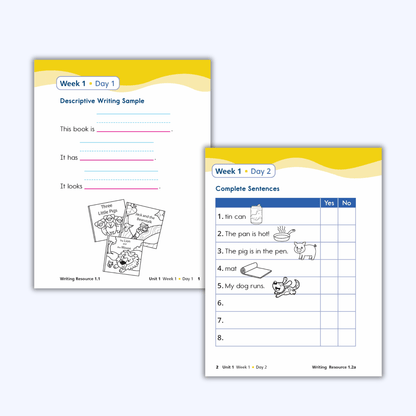 Descriptive writing sample and complete sentences worksheet for Week 1 first grade writing lessons